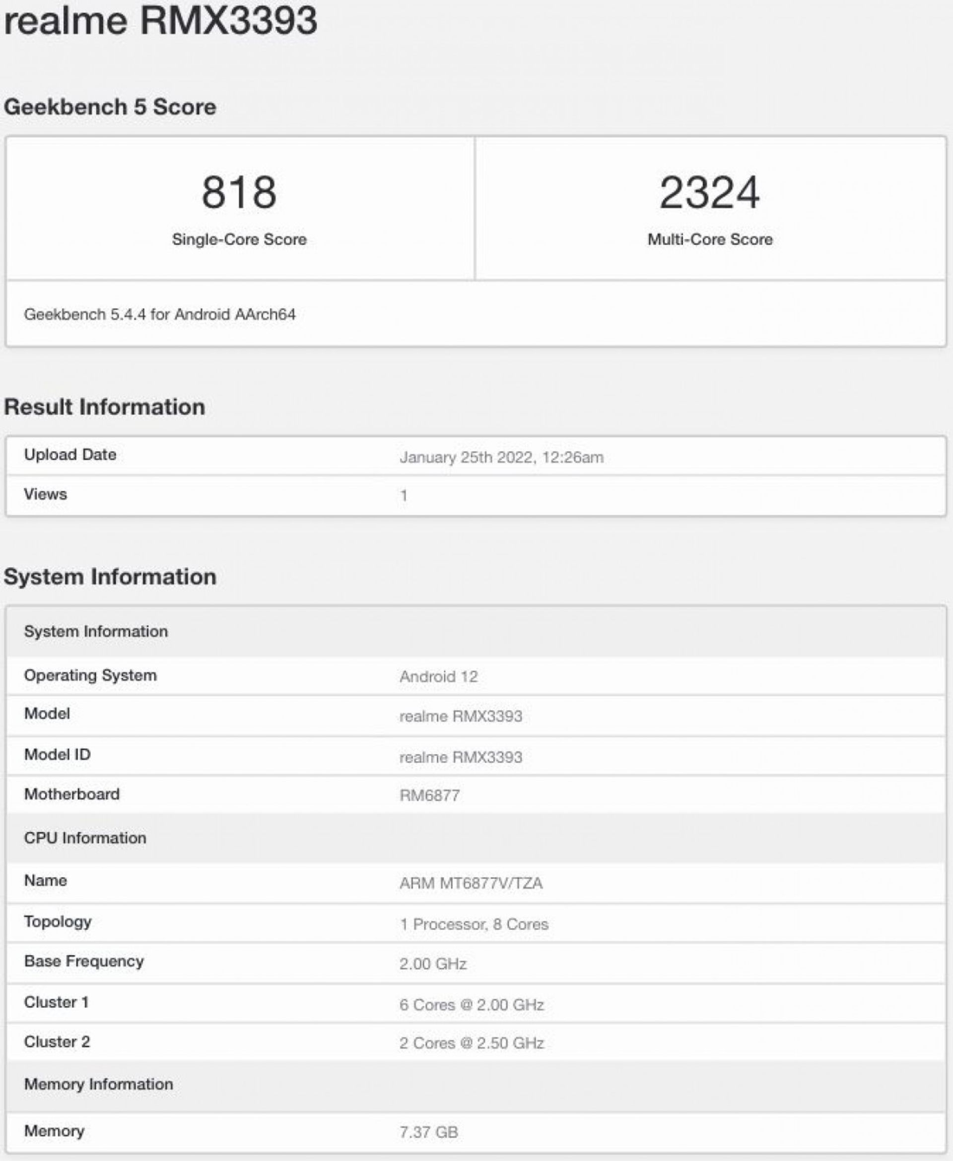 Realme 9 Pro+ geekbench