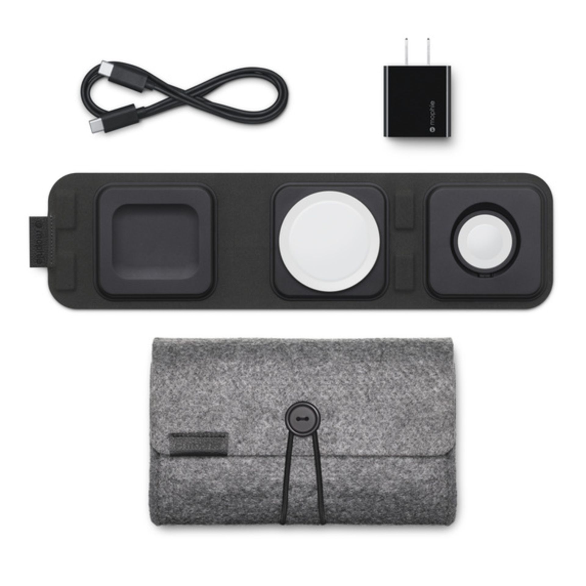 لوازم همراه شارژر ۳ در ۱ Mophie شامل کیف و آداپتور و کابل تایپ C  و خود شارژر