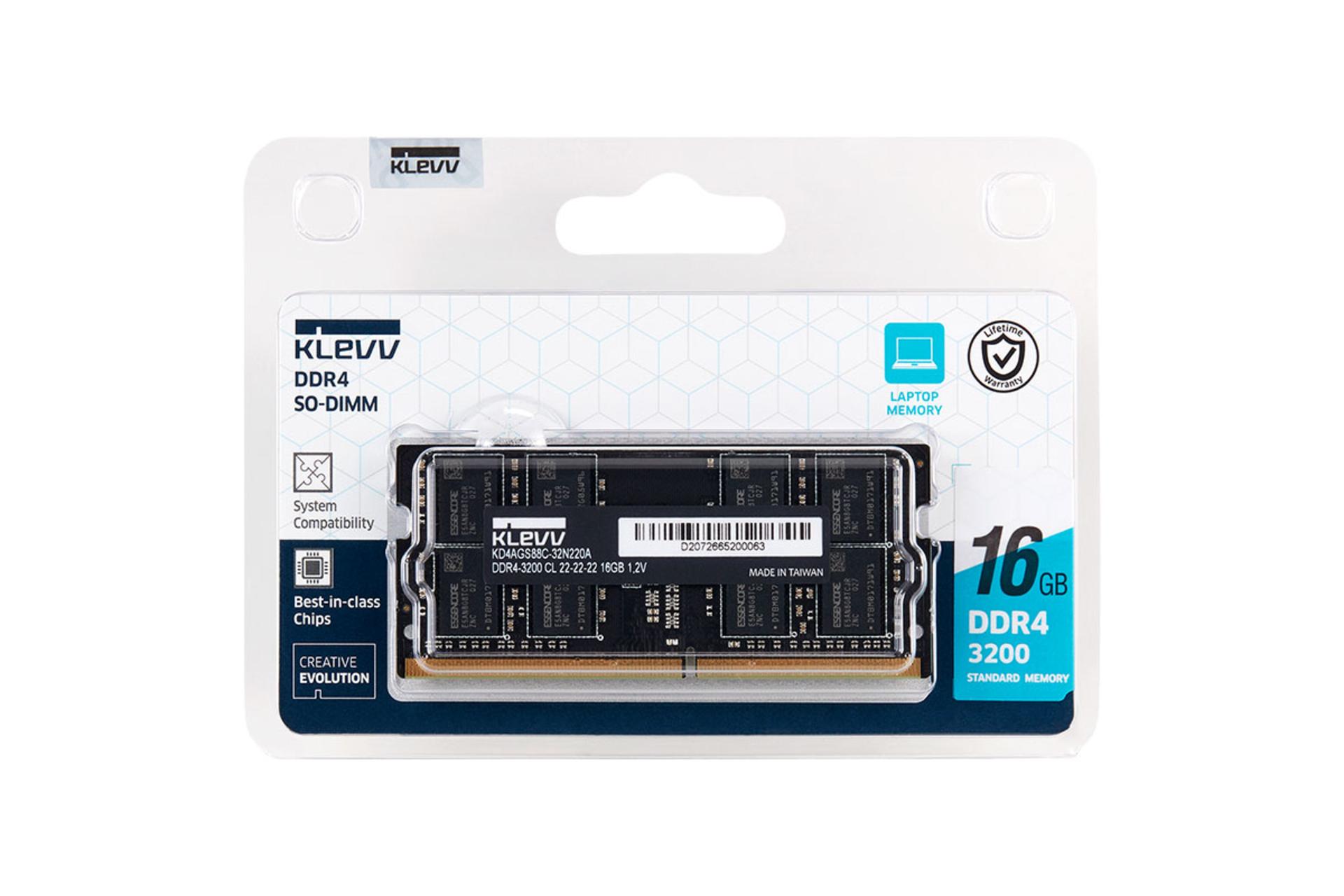 klevv SO-DIMM Standard ظرفیت 16 گیگابایت از نوع DDR4-3200 بسته بندی