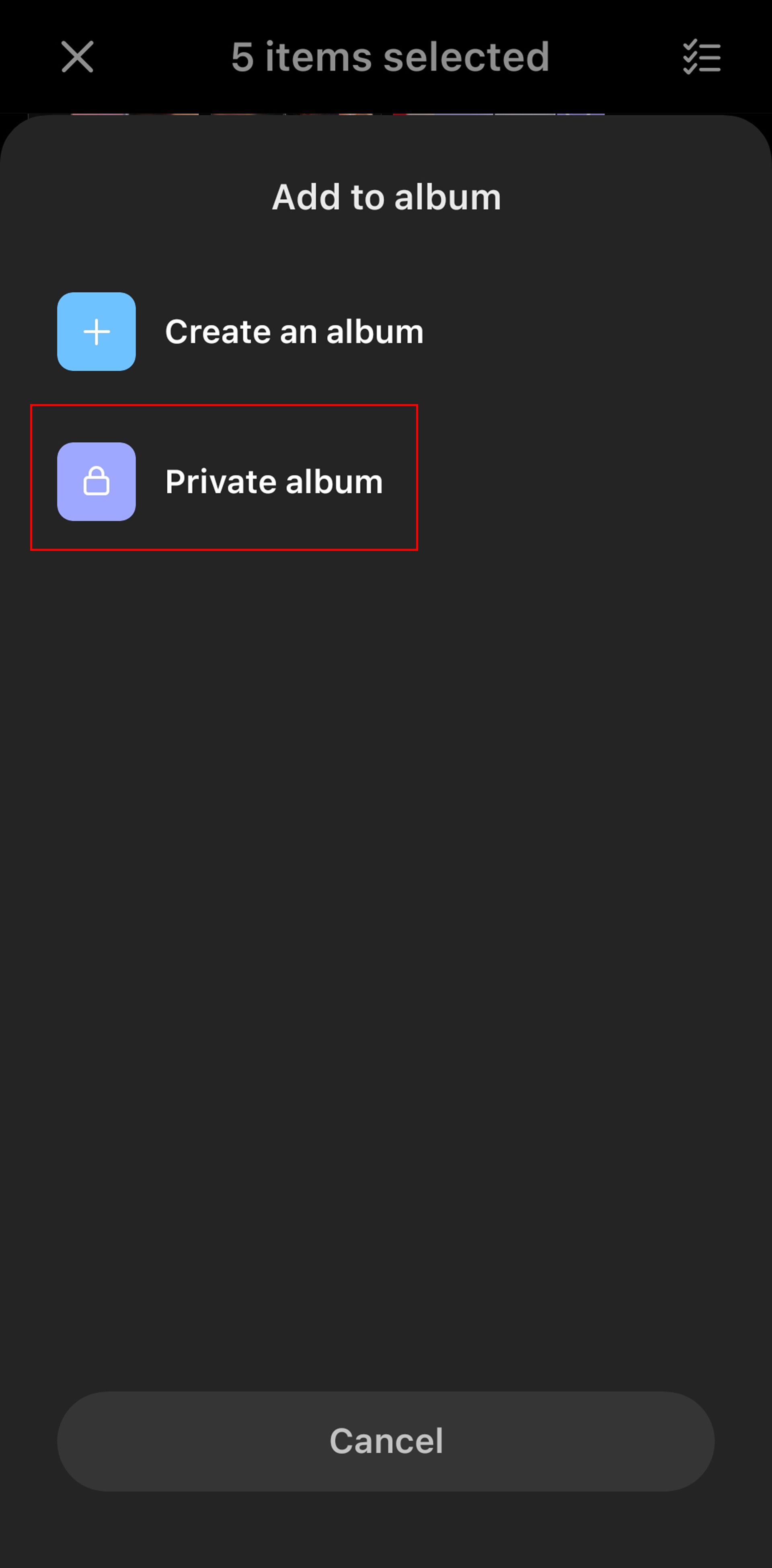 منوی باز شده و گزینه private Album در اپ Gallery