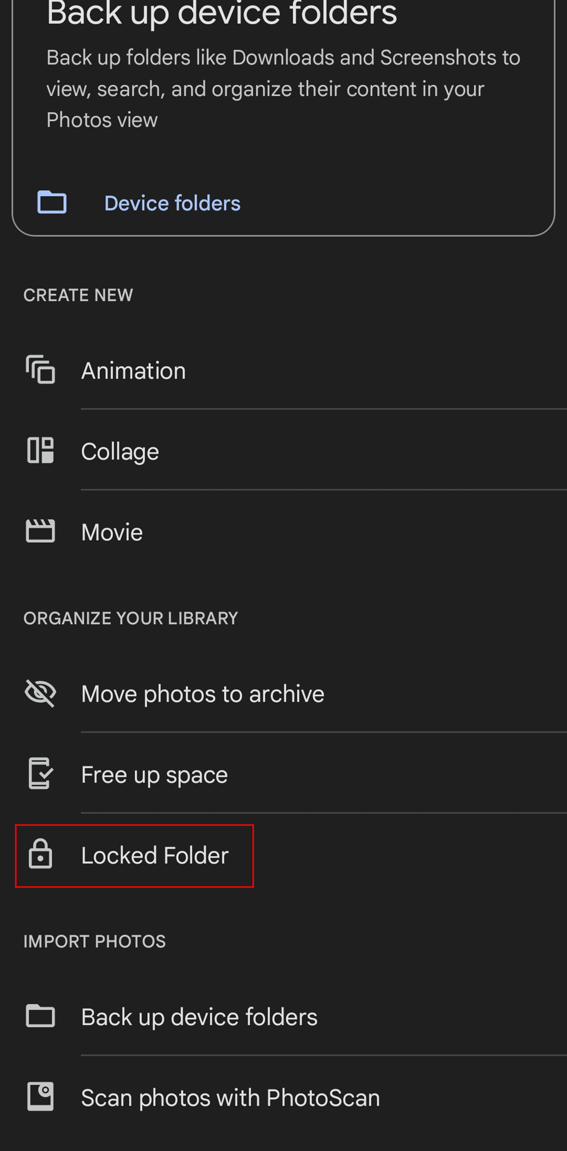 گزینه های مختلف منوی گوگل فوتوز/ دور Locked Folders خط کشیده شده