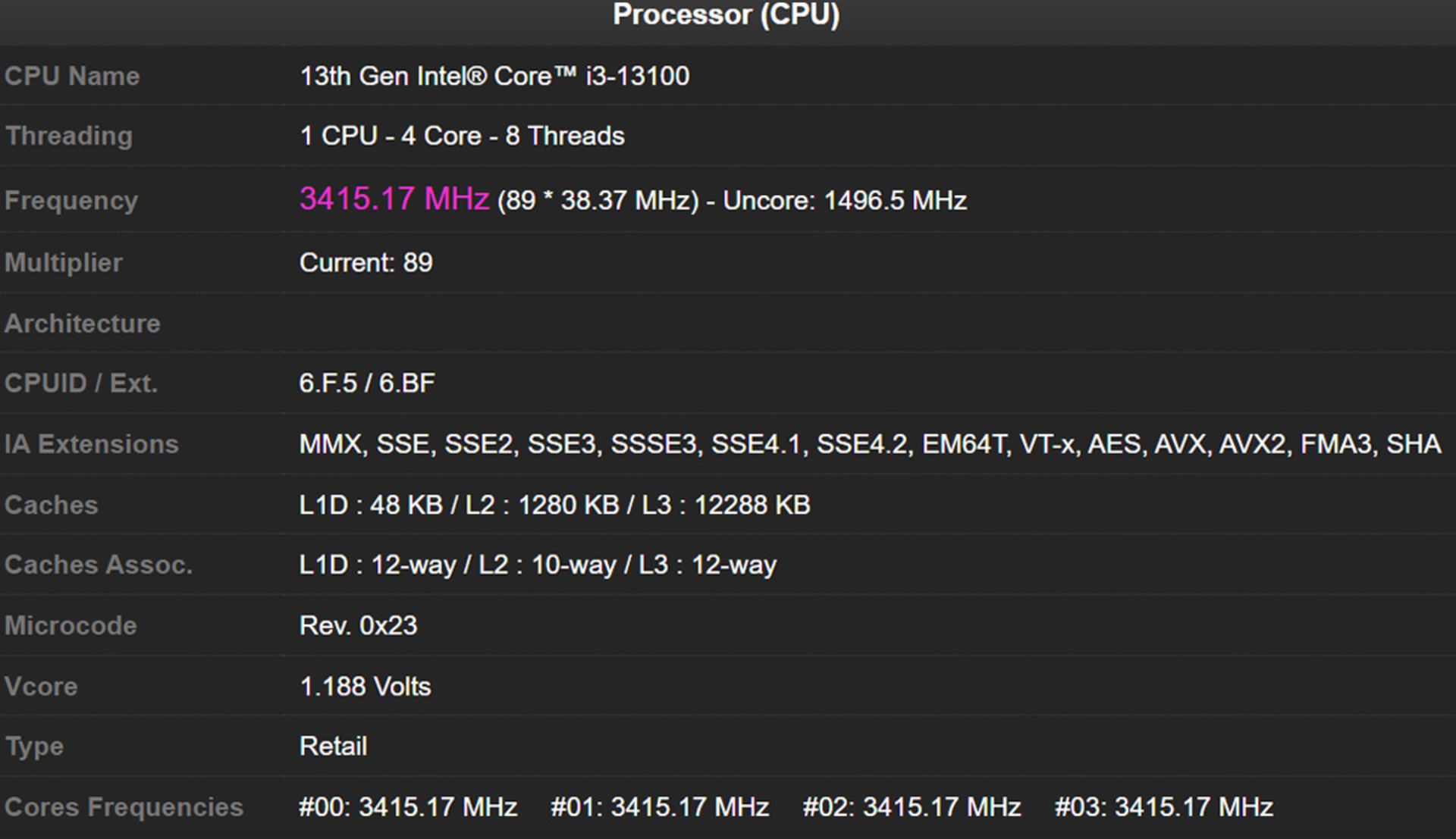 پردازنده Core i3-13100 در CPU-Z