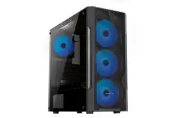 نمای نیم رخ جلو و سمت چپ به همراه نمایش نور قرمز فن های کیس کامپیوتر مسترتک Hunter Mini Glass به همراه نمایش نور ثابت آبی رنگ فن‌ها