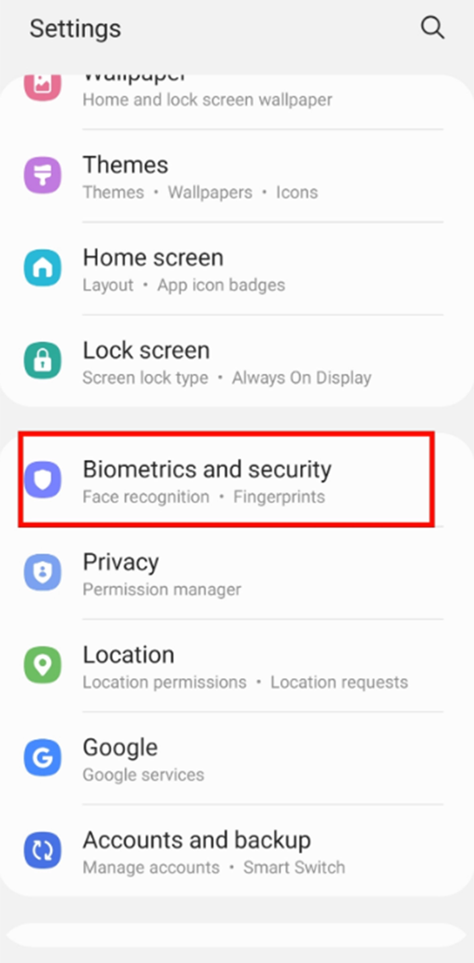 منوی تنظیمات/ دور گزینه biometric خط کشیده شده