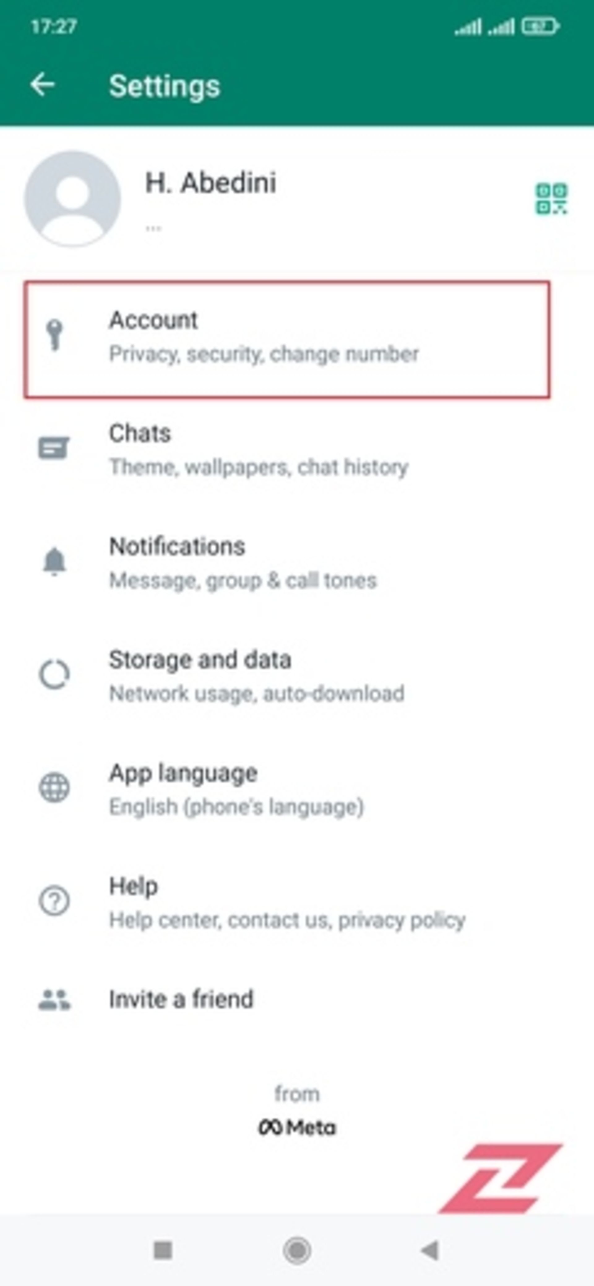 گزینه‌ی account در منوی تنظیمات واتساپ