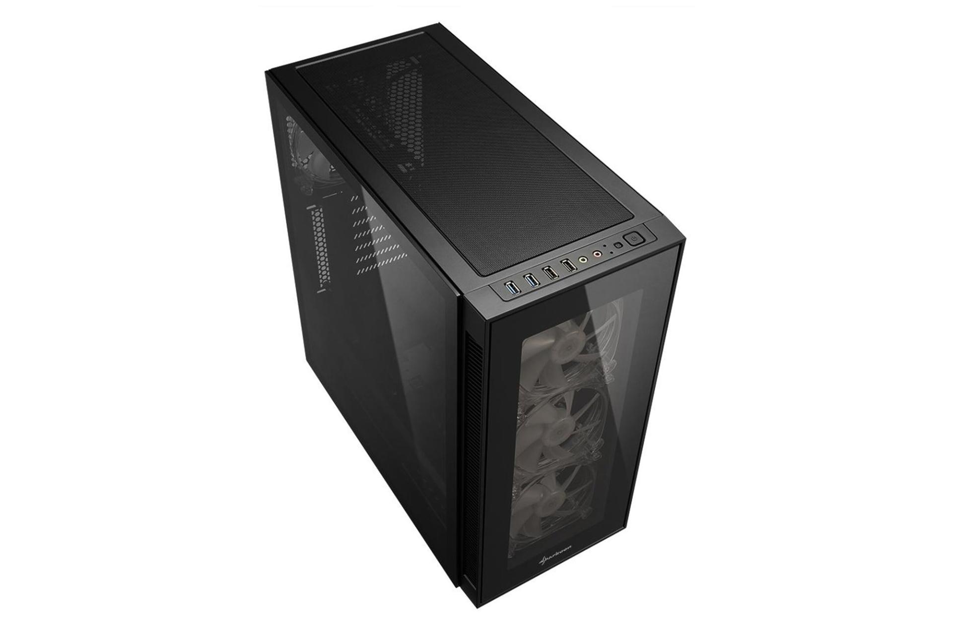 نمای نیم رخ جلو، سمت چپ، فیلتر و پورت‌های بالای کیس کامپیوتر شارکن TG5 Pro RGB