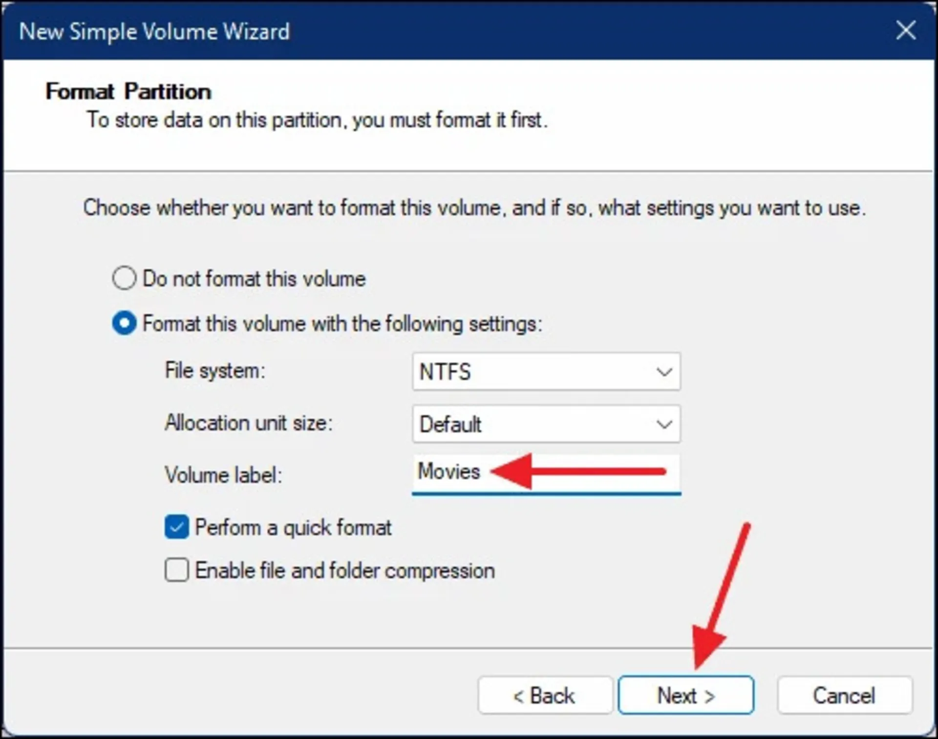 انتخاب نام درایو در ابزار Disk Management برای پارتیشن بندی ویندوز ۱۱