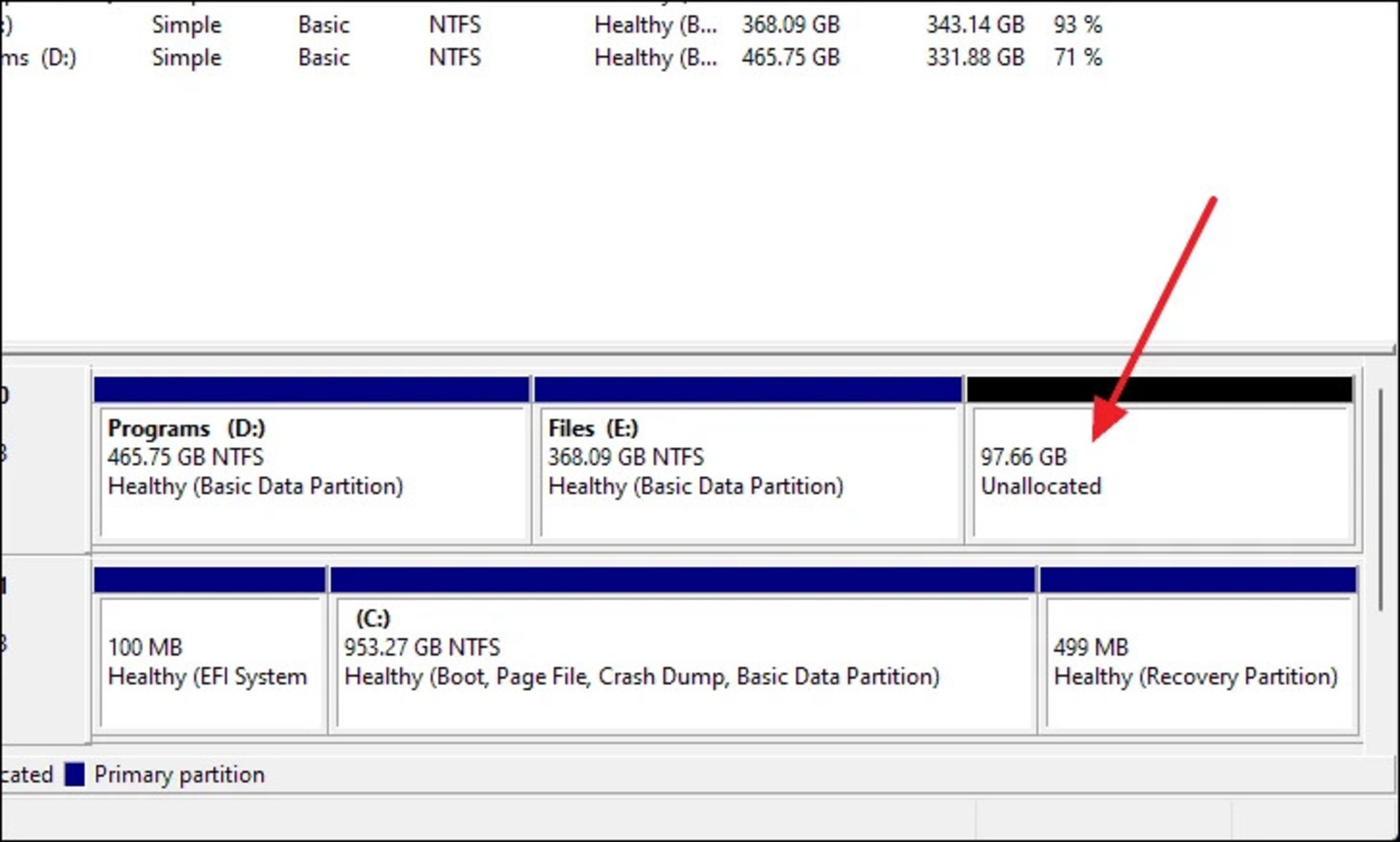 صفحه درایوها در ابزار Disk Management برای پارتیشن بندی ویندوز ۱۱