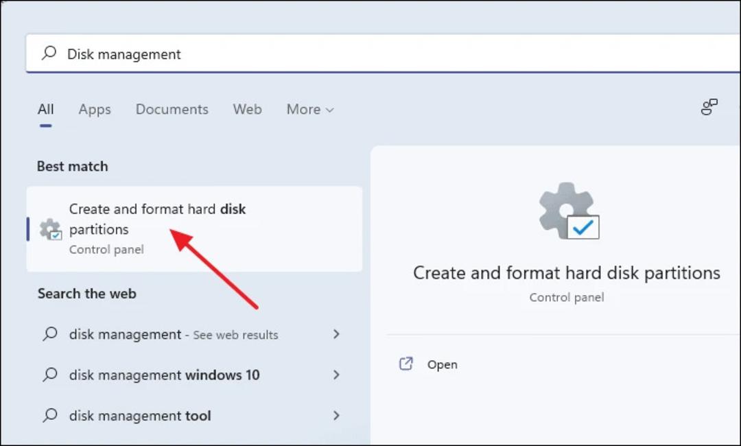 جستجو برای Disk Management در استارت ویندوز ۱۱