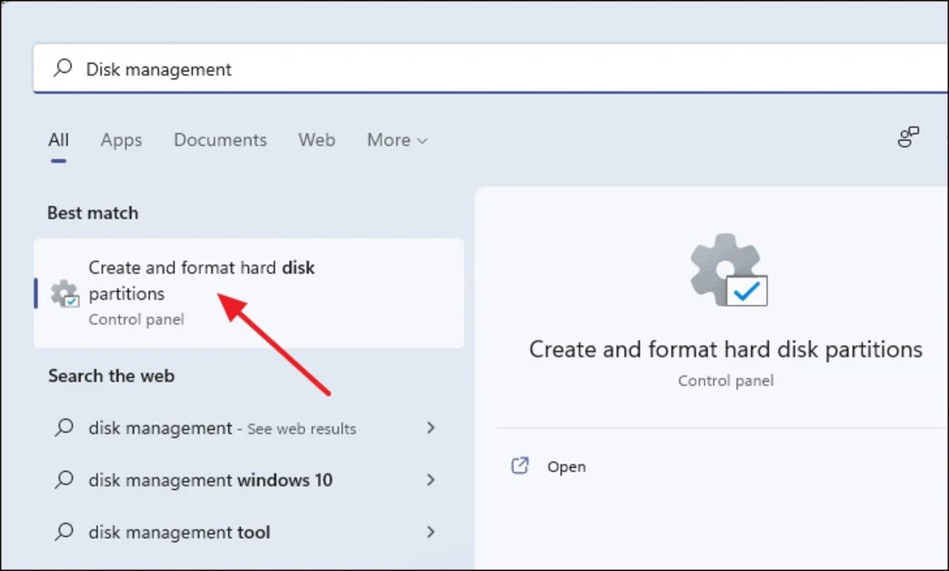جستجو برای Disk Management در استارت ویندوز ۱۱