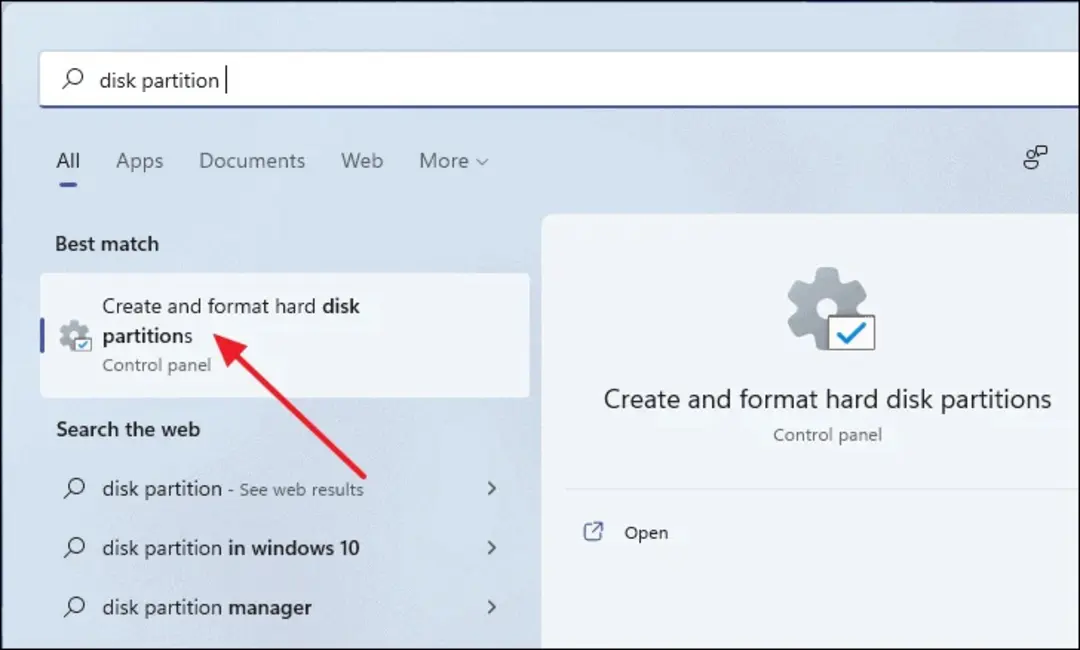 جستجو ابزار Disk Management در ویندوز ۱۱ منوی استارت