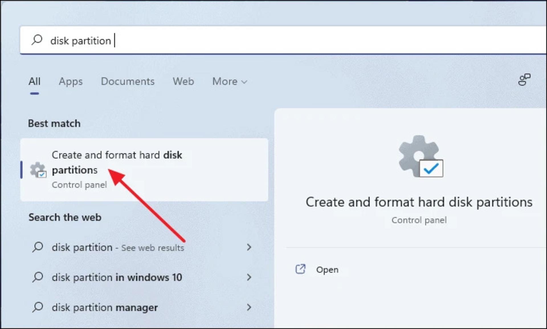 جستجو ابزار Disk Management در ویندوز ۱۱ منوی استارت