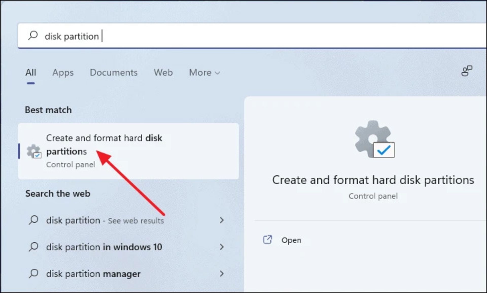 جستجو ابزار Disk Management در ویندوز ۱۱ منوی استارت