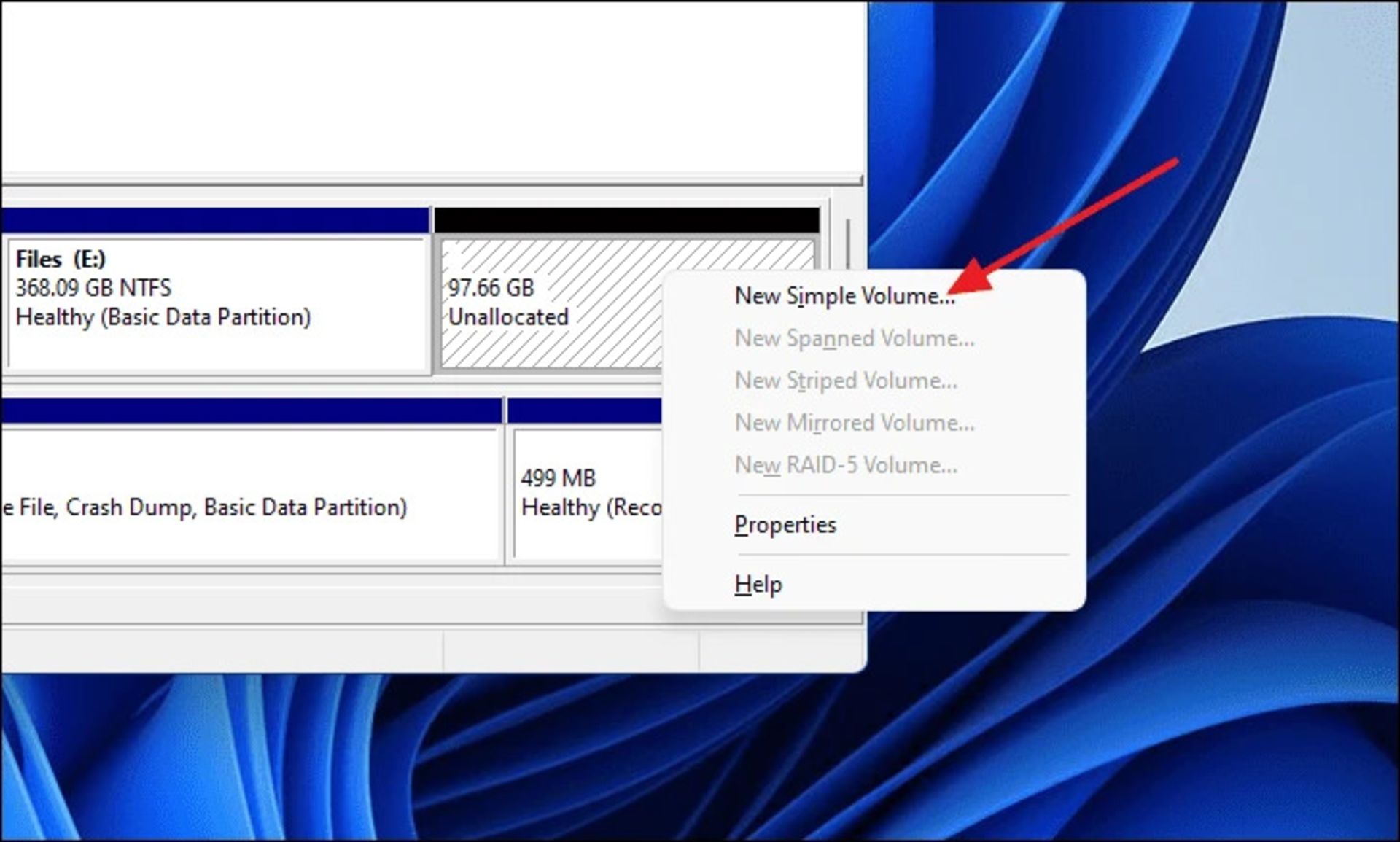 گزینه ساخت درایو جدید در دیسک منیجمنت ویندوز ۱۱
