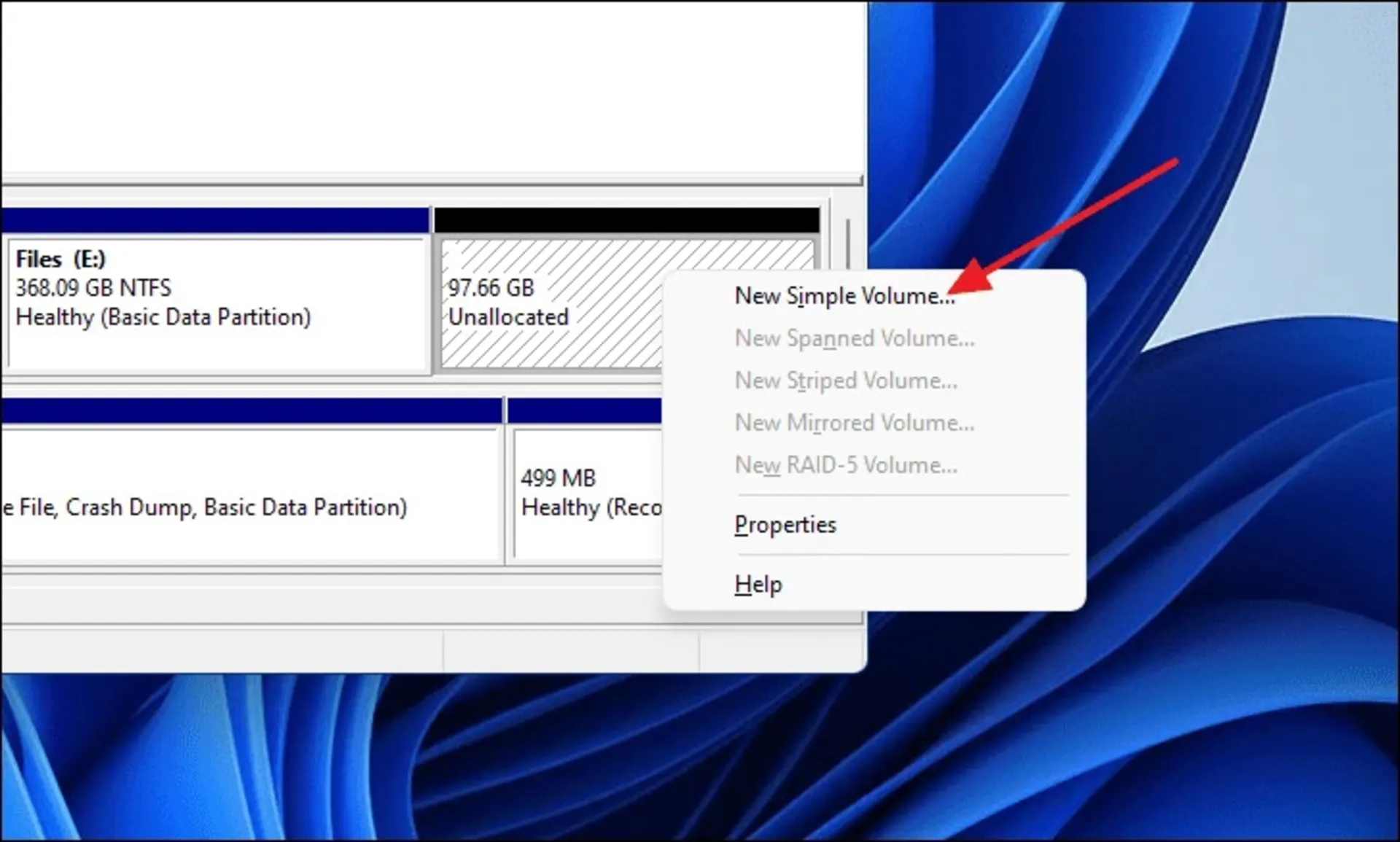گزینه ساخت درایو جدید در دیسک منیجمنت ویندوز ۱۱