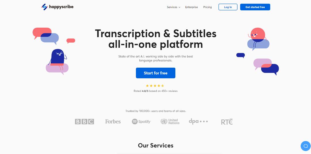 صفحه ابتدایی سایت HappyScribe