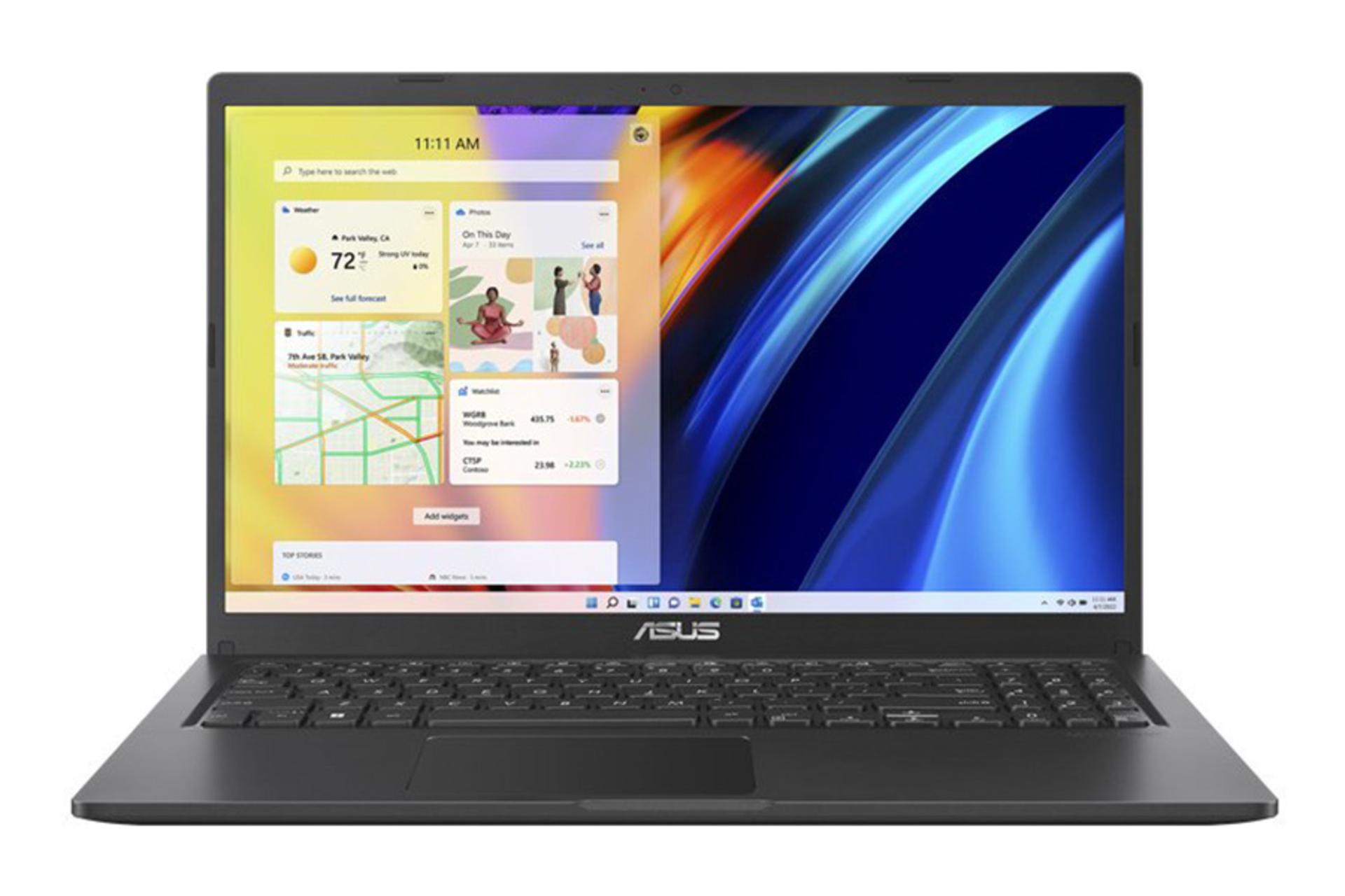 نمای کلی لپ تاپ ایسوس ویووبوک X1500EA با صفحه نمایش روشن و نمایش کیبورد رنگ مشکی