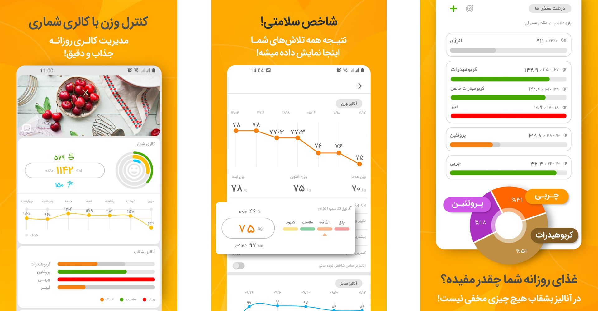 محیط اپلیکیشن مانکن که نمودار و ٰرژیم غذایی موجود در آن را نشان می دهد