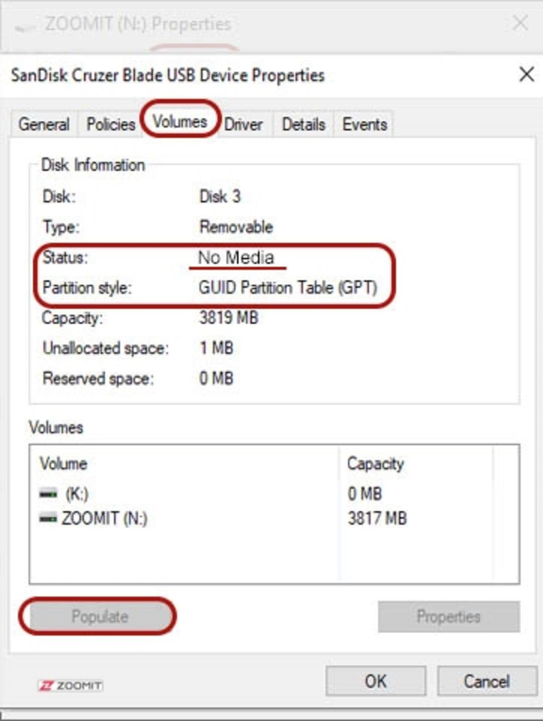 مشاهده‌ی اطلاعات درایوها در disk management