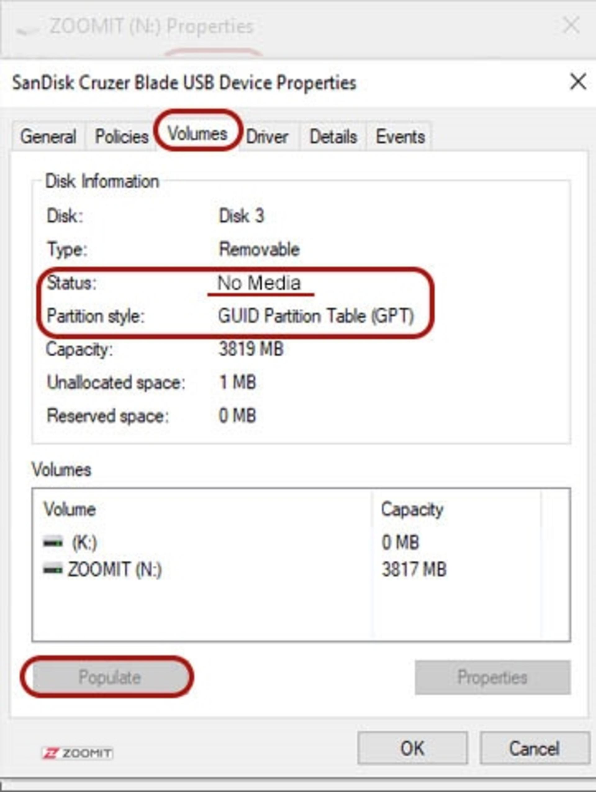 مشاهده‌ی اطلاعات درایوها در disk management