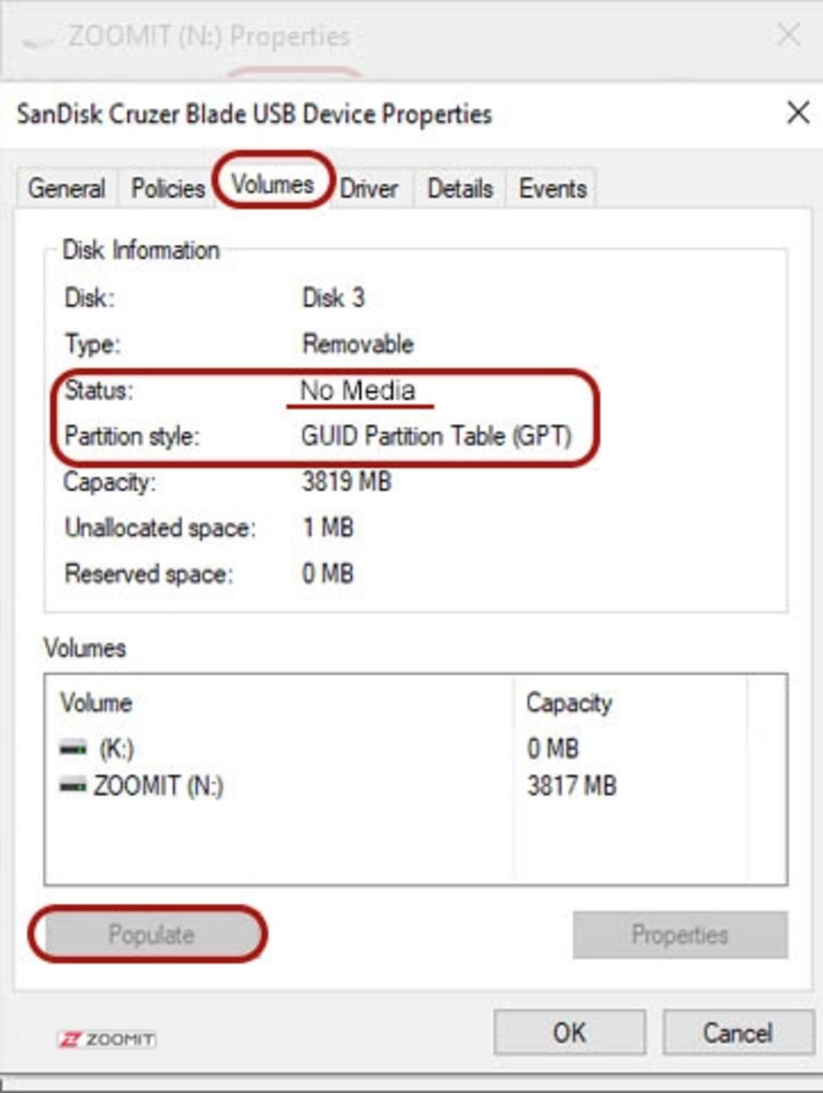 مشاهده‌ی اطلاعات درایوها در disk management