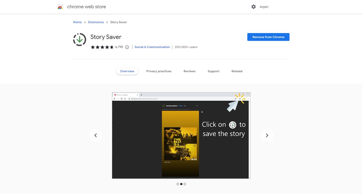 صفحه دانلود افزونه کروم story saver