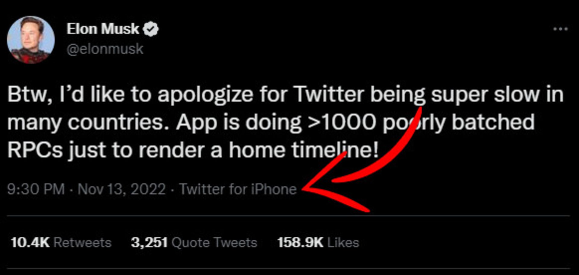 اسکرین شات توییت ایلان ماسک ارسال شده با آیفون Twitter for iPhone