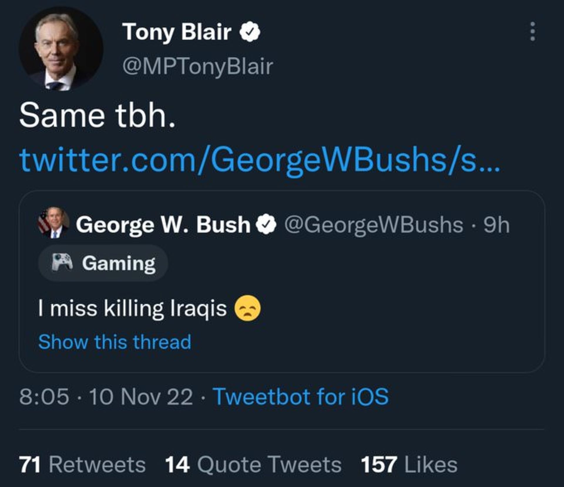 اسکرین شات اکانت فیک جرج بوش در توییتر