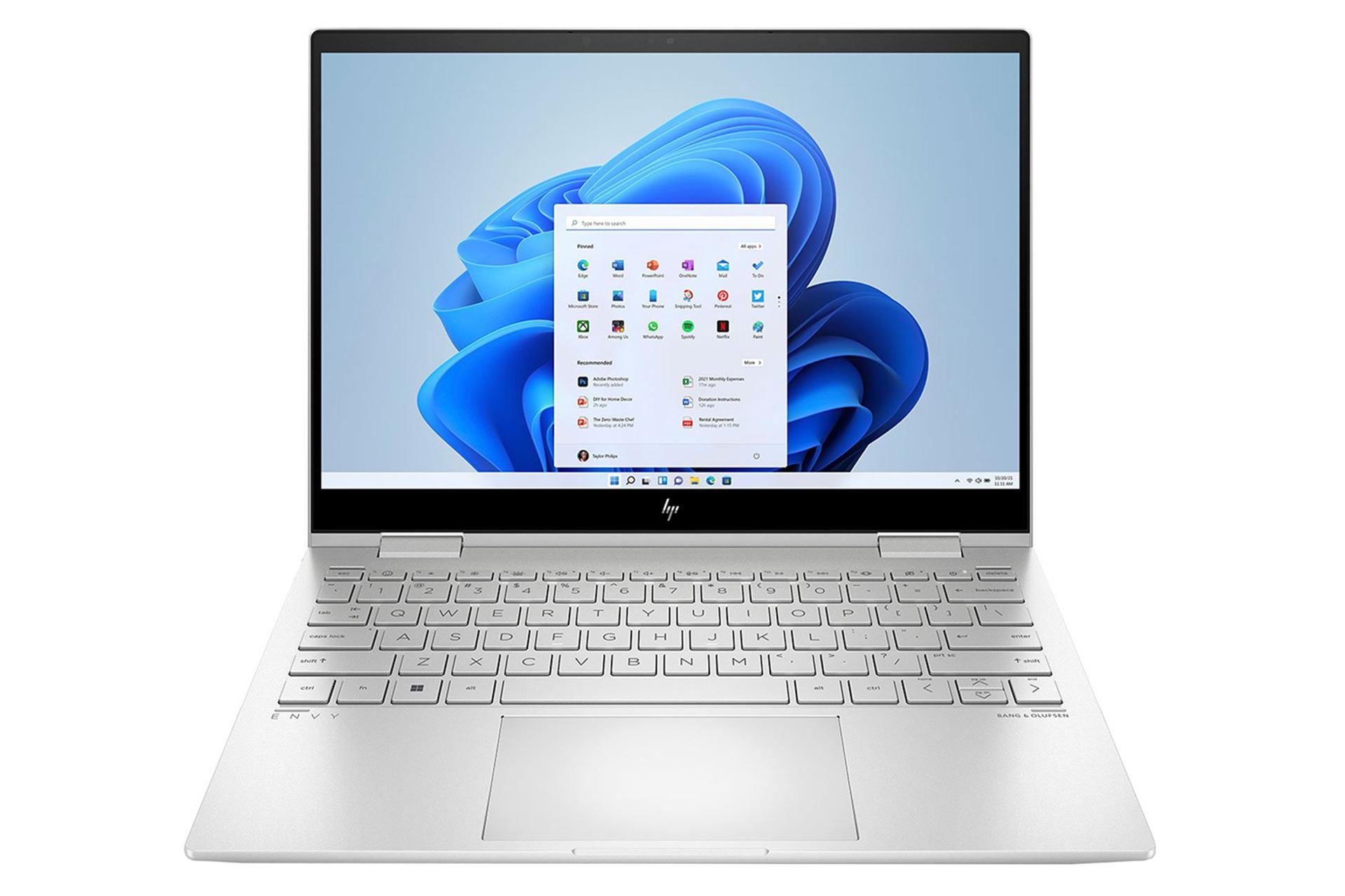 نمای جلو لپ تاپ اچ پی Envy X360 13-BF0013 با صفحه نمایش روشن و نمایش کیبورد و ترک‌پد