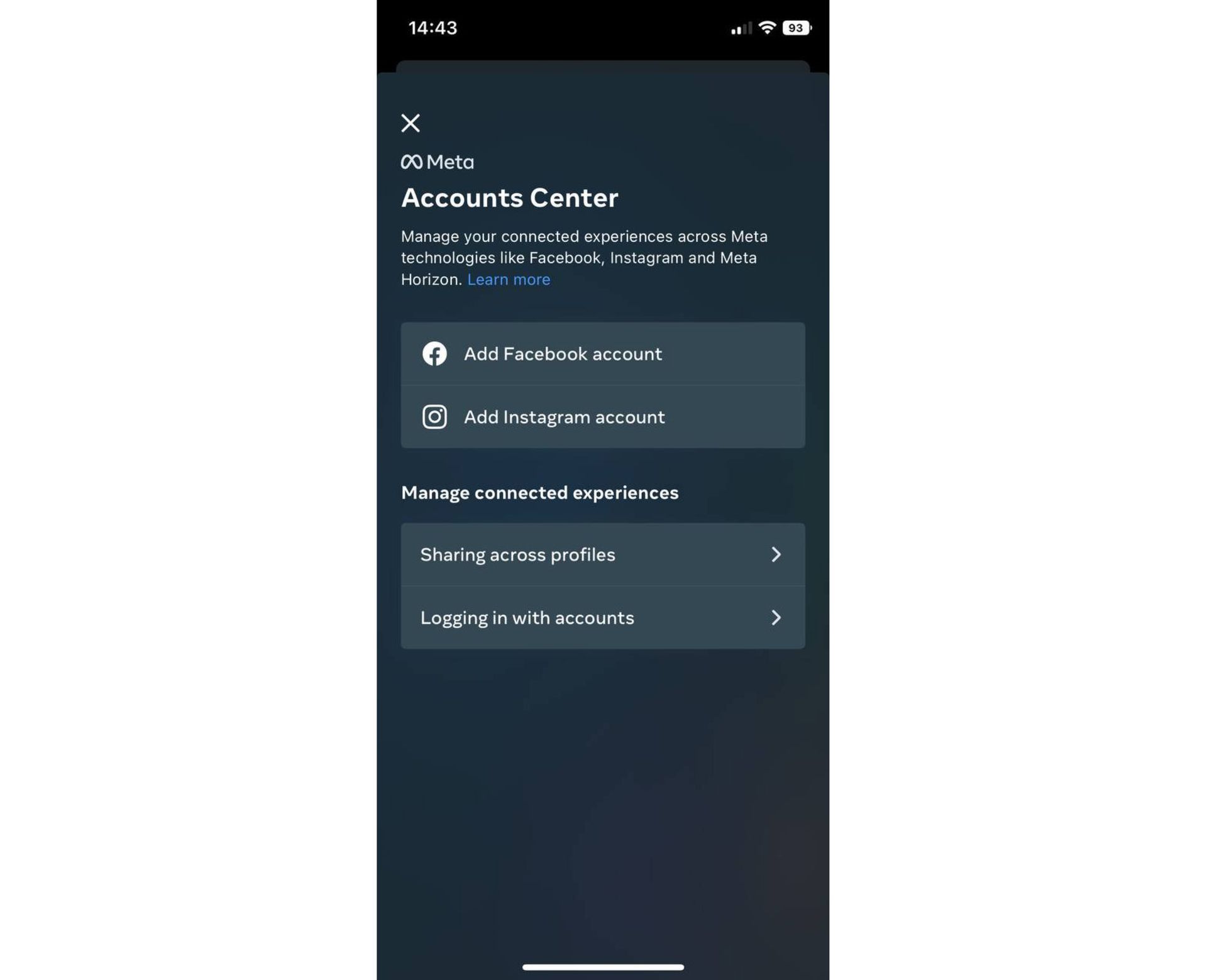 بخش Accounts Center متا در صفحه تنظیمات اینستاگرام
