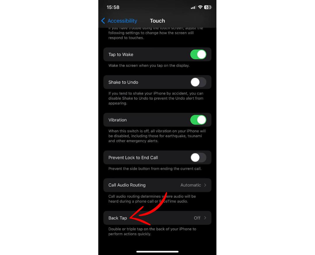 گزینه Back Tap در منوی تنظیمات آیفون