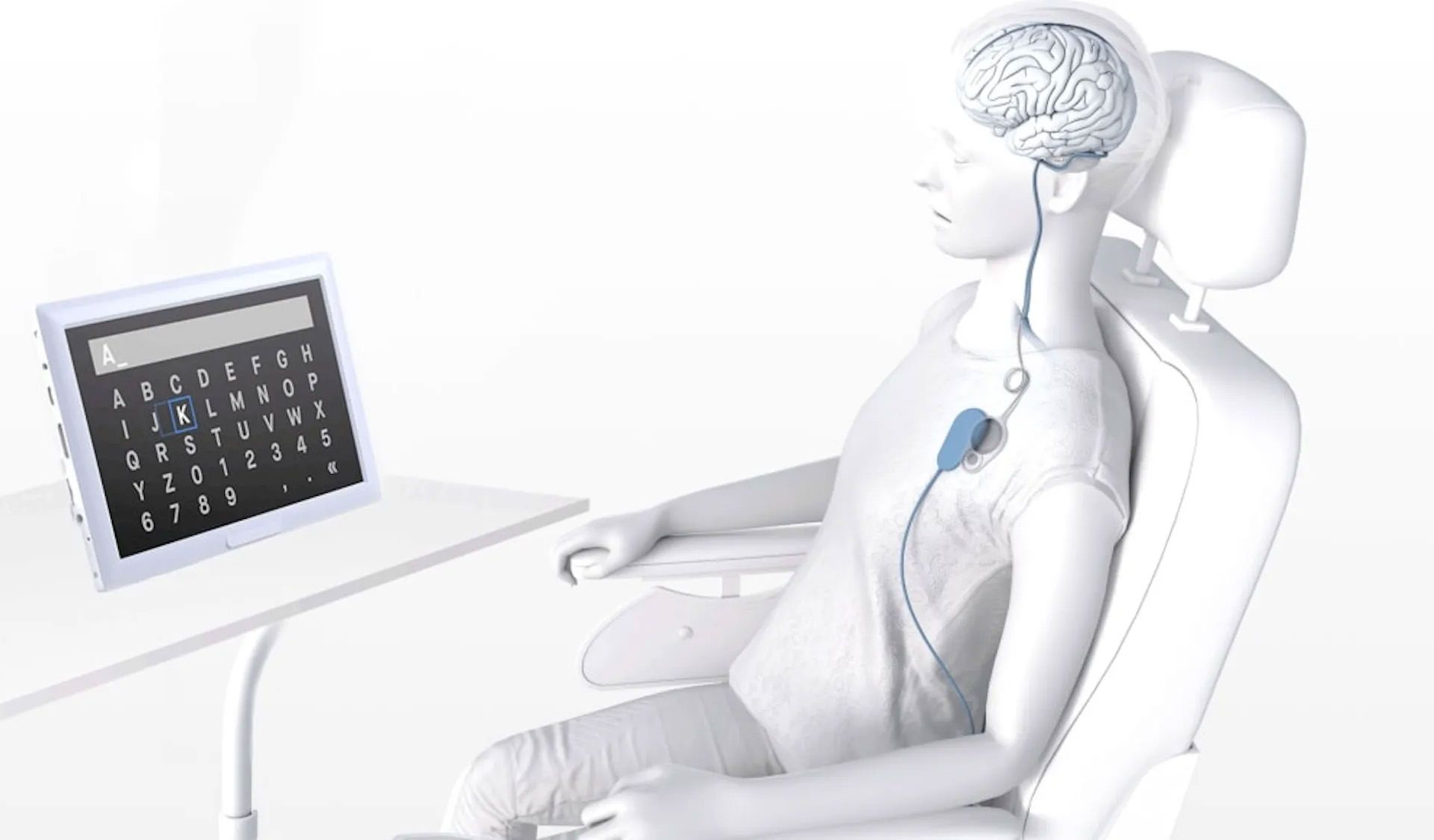 فرد نشسته روی صندلی با رابط مغز کامپیوتر و تبلت