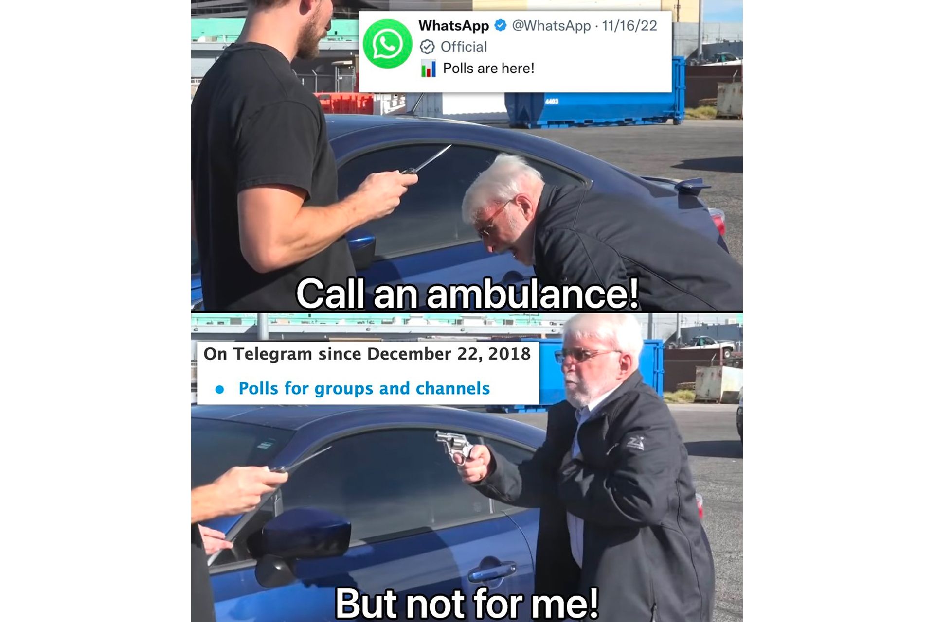 میم پیرمرد زنگ بزن به آمبولانس / تمسخر واتساپ توسط تلگرام