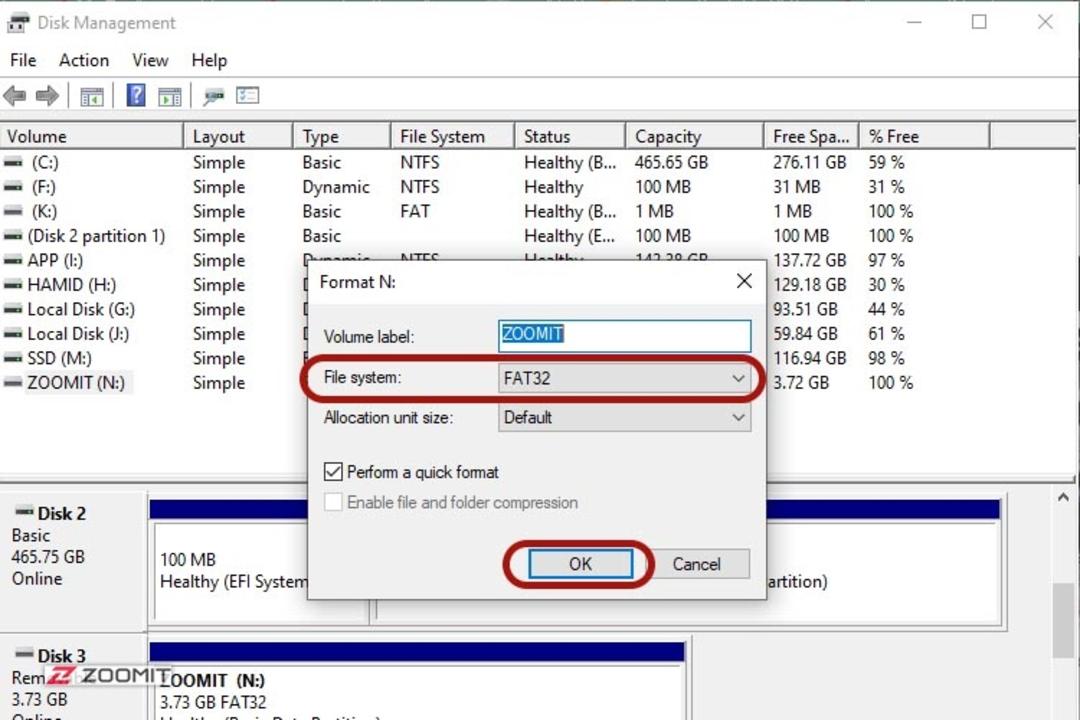 انتخاب گزینه‌ی File system در Disk management ویندوز