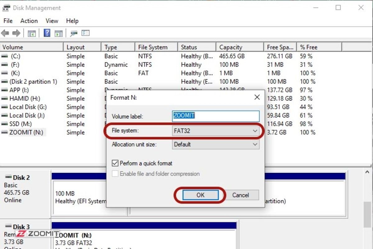 انتخاب گزینه‌ی File system در Disk management ویندوز