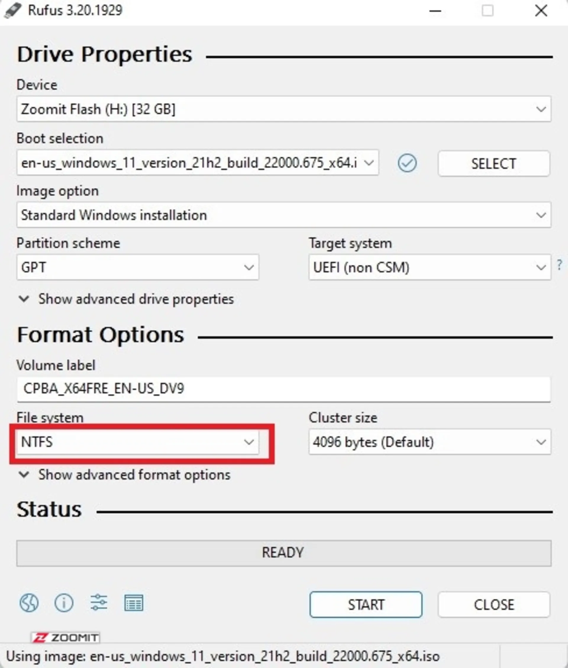 انتخاب فرمت NTFS در نرم افزار rufus