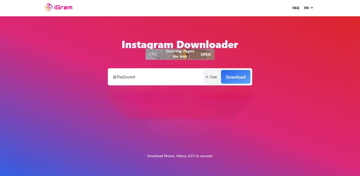 اسکرین شات سایت instgram downloader