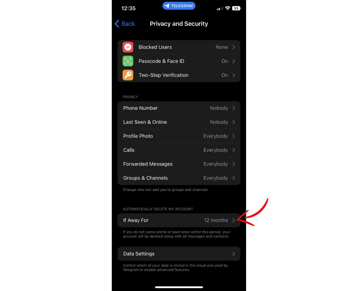 بخش حذف خودکار حساب تلگرام در نسخه آی او اس Telegram