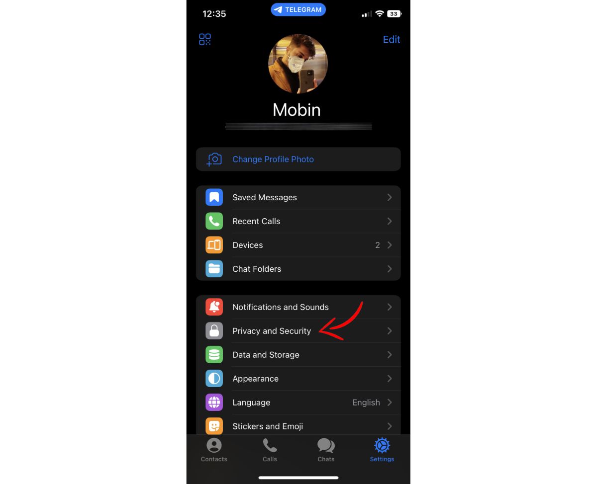 صفحه تنظیمات تلگرام Telegram در آیفون اپل