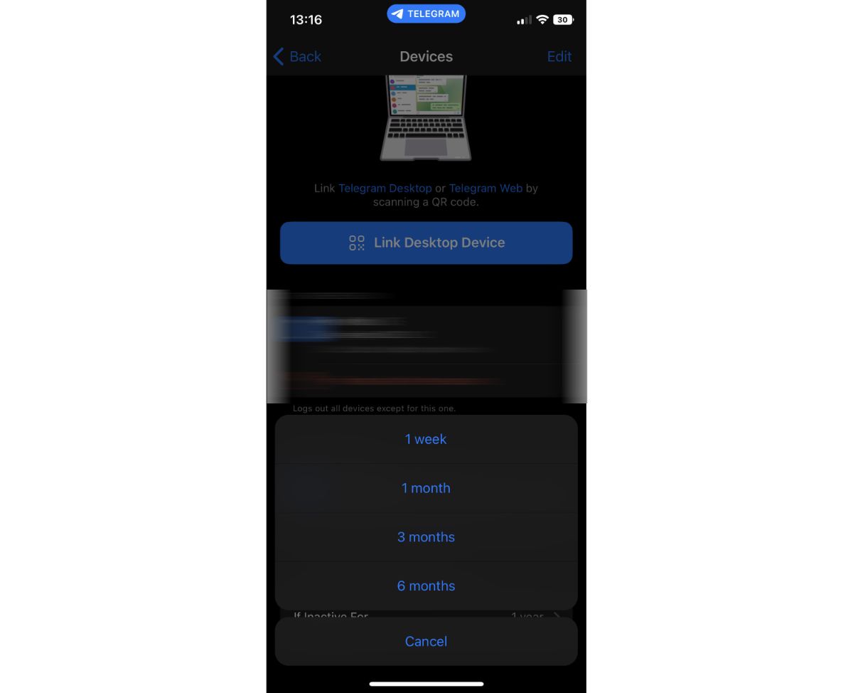 اسکرین شات تلگرام iOS آیفون صفحه تنظیمات حذف خودکار