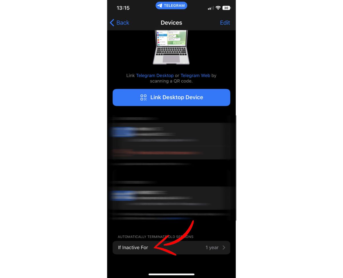 اسکرین شات تلگرام iOS آیفون منوی Devices دستگاه ها