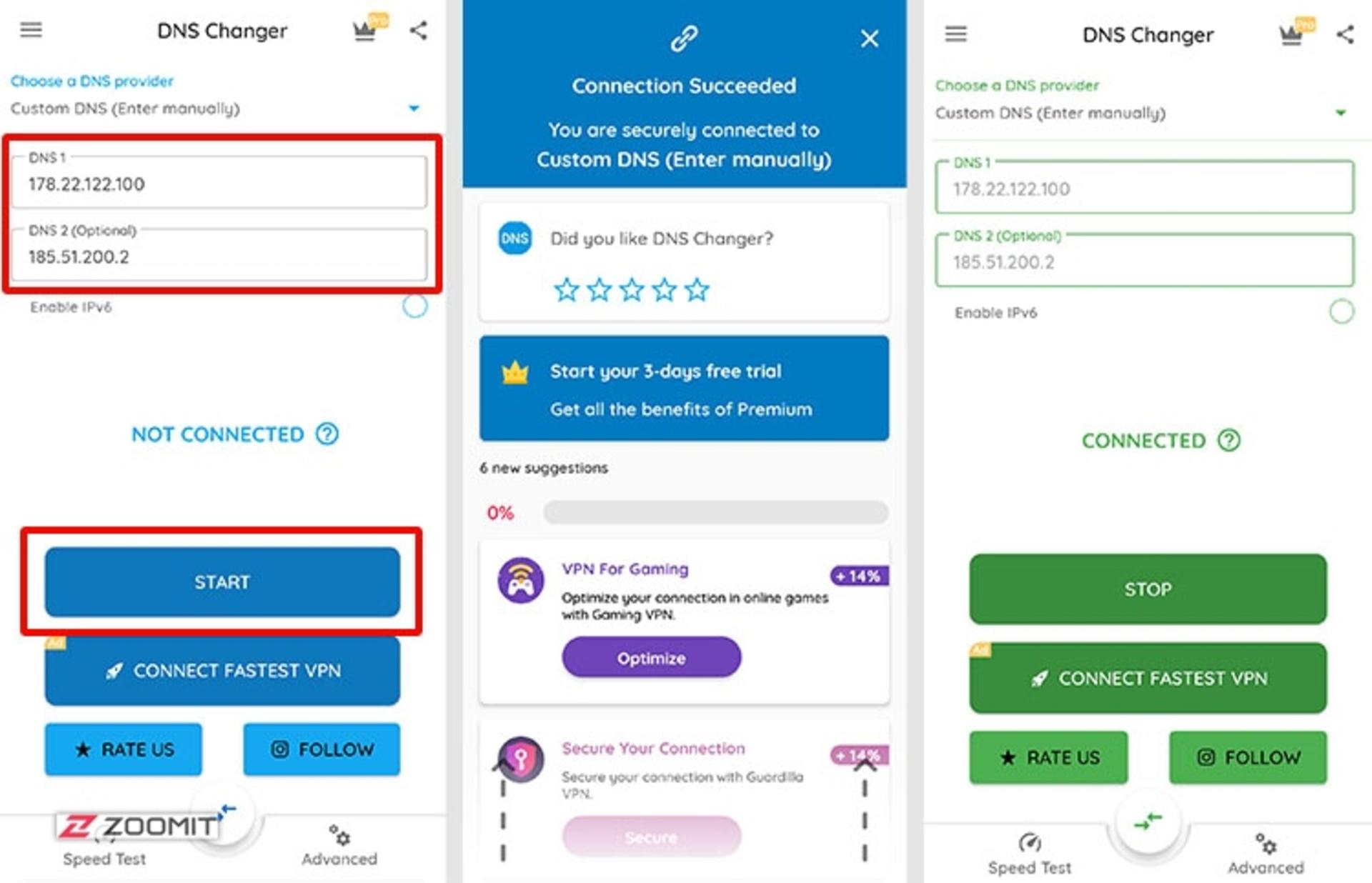 مرحله دوم تغییر dns در اندروید با اپلیکیشن DNS Changer & Net Speed Test