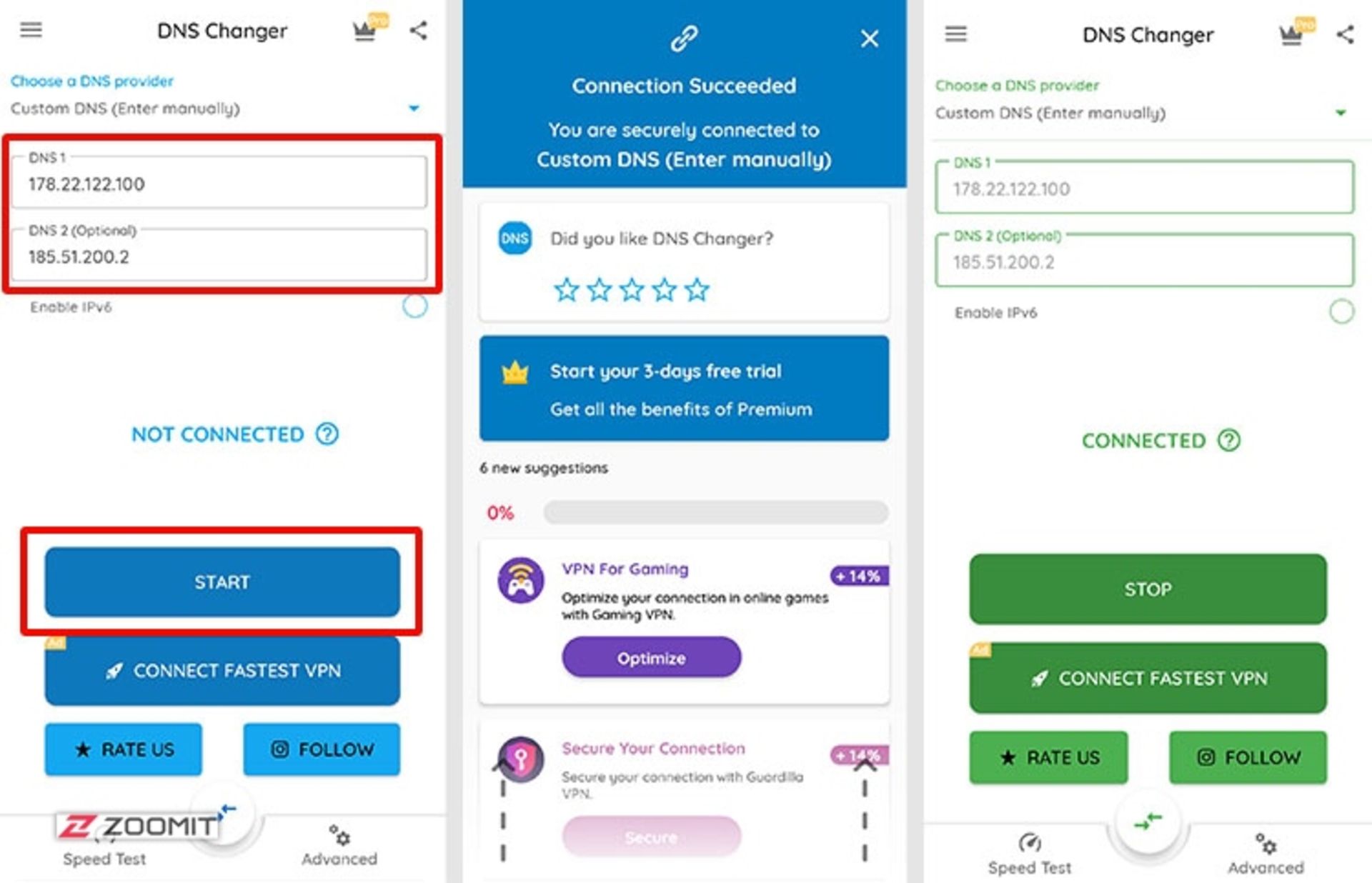 مرحله دوم تغییر dns در اندروید با اپلیکیشن DNS Changer & Net Speed Test