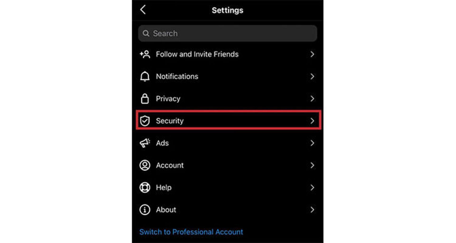 منوی تنظیمات امنیتی اینستاگرام