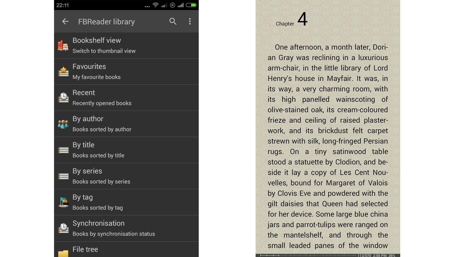 محیط داخلی اپلیکیشن اپ FBReader یا Favorite Book Reader