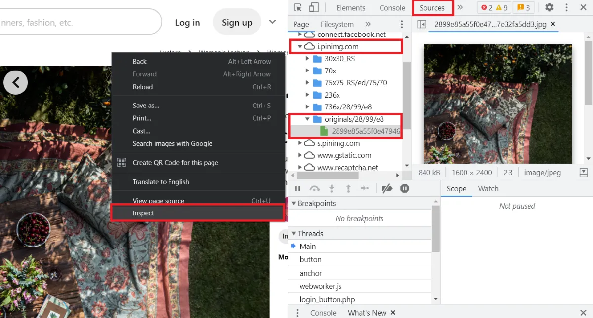 Download high quality photos from Pinterest with Inspect