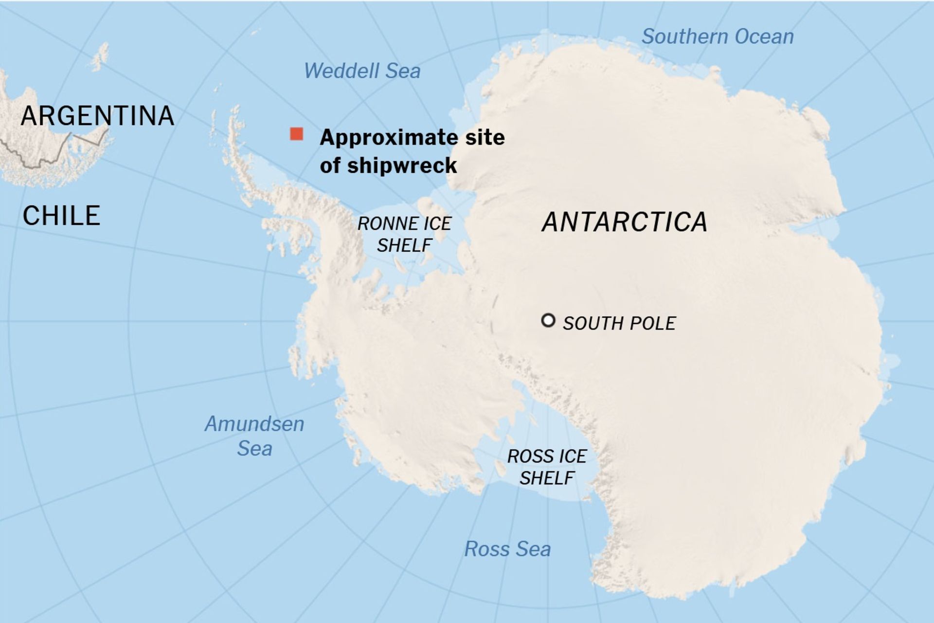 محل تقریبی غرق شدن کشتی شکلتون قطب جنوب