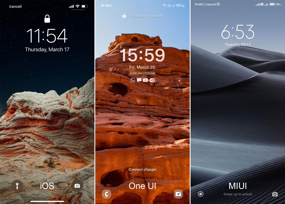 تفاوت لاک اسکرین رابط کاربری One UI، MIUI و iOS
