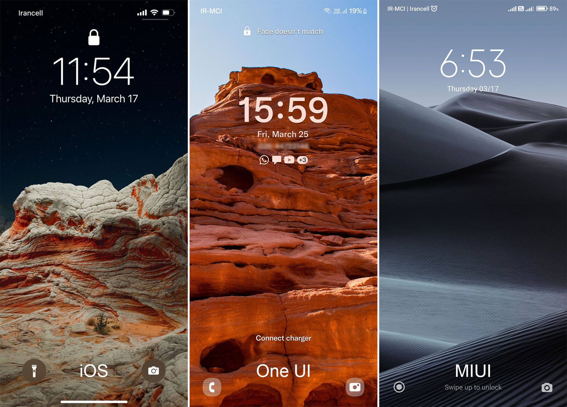 تفاوت لاک اسکرین رابط کاربری One UI، MIUI و iOS