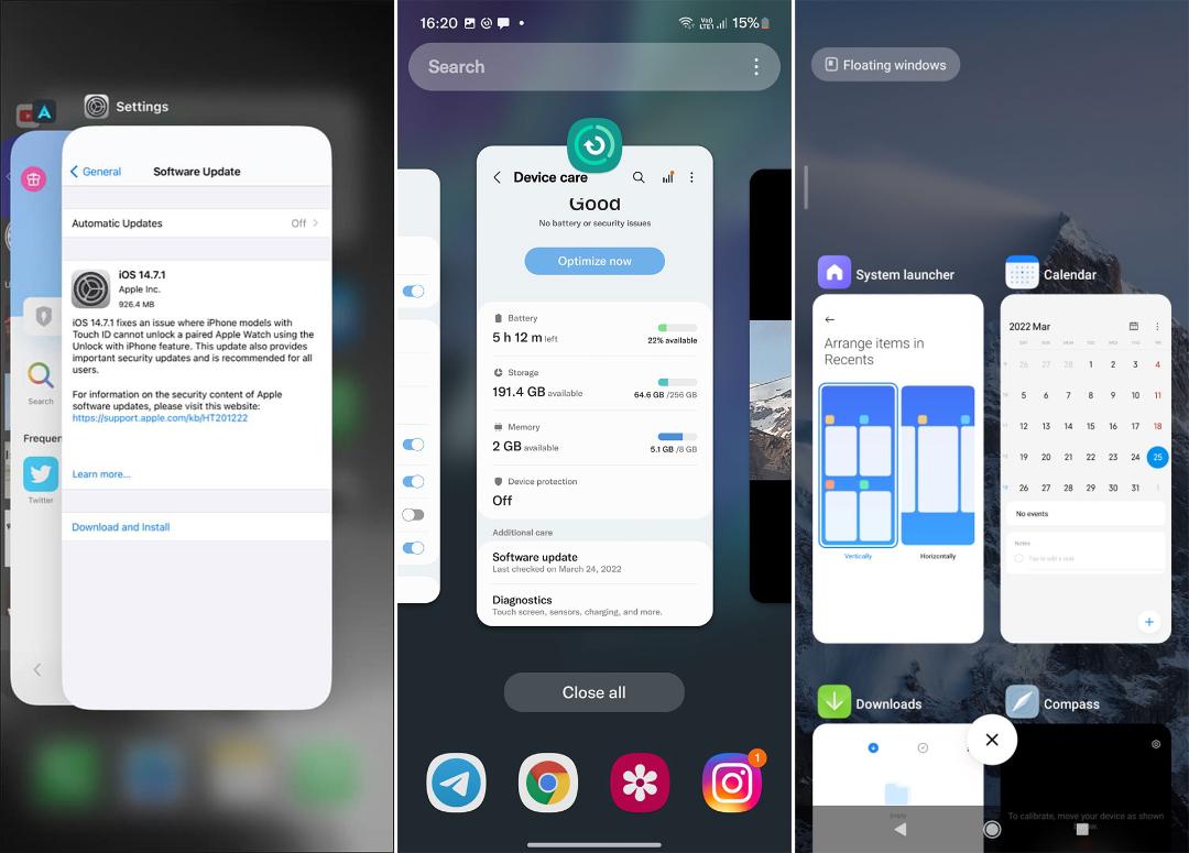 تفاوت Recent Apps رابط کاربری One UI، MIUI و iOS